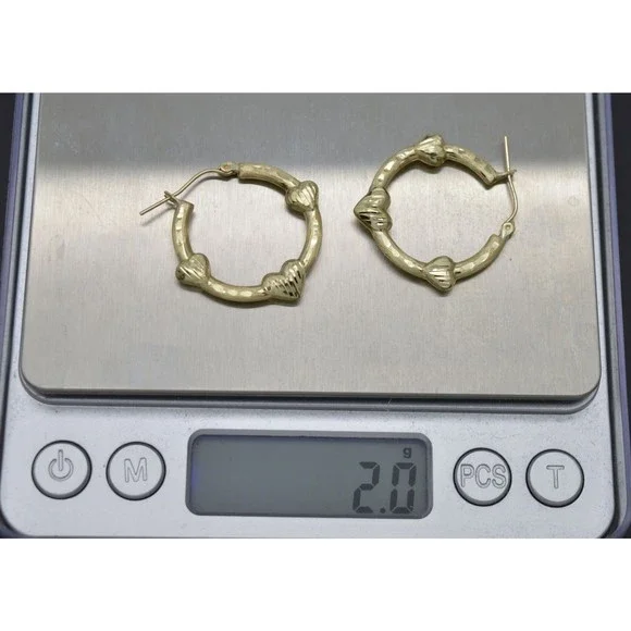 Real 10K Solid Yellow Gold 29mm Triple Heart Bamboo Graduated Hoop Earrings 2 gr